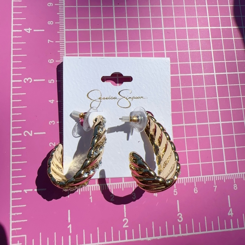 Jessica Simpson earrings diamonds paved luxury gold tone half loop